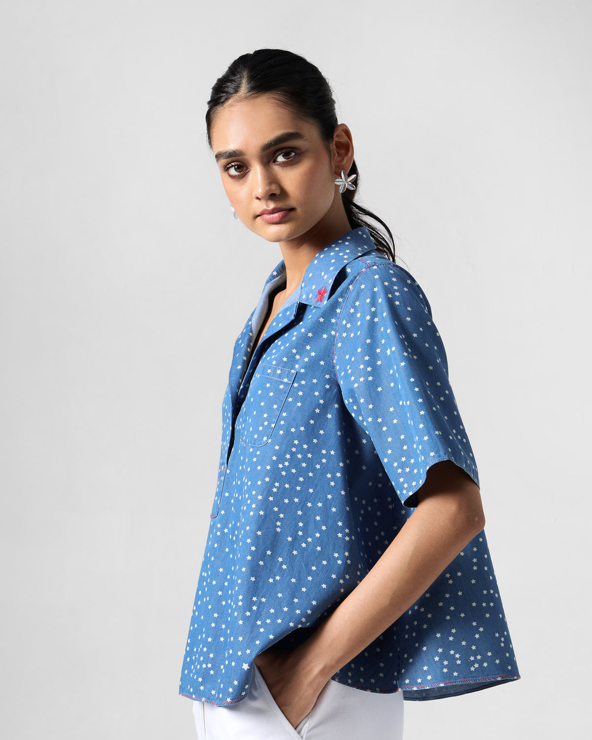 Swing Top - Printed Cotton Denim Flared Fit