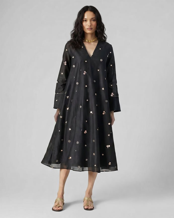V-Neck Flared Dress - Black & Pink Printed