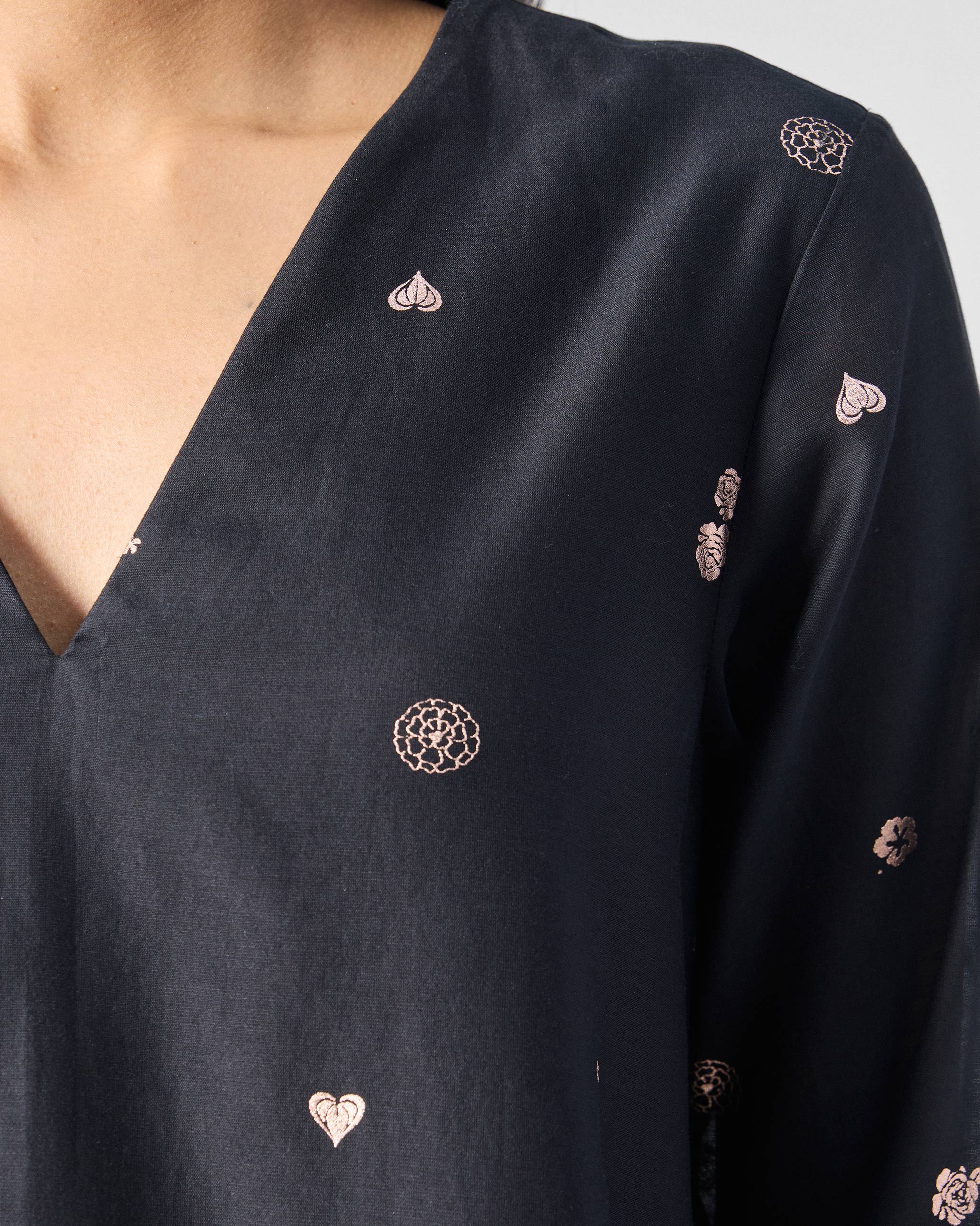 V-Neck Flared Kurta - Black & Pink Printed