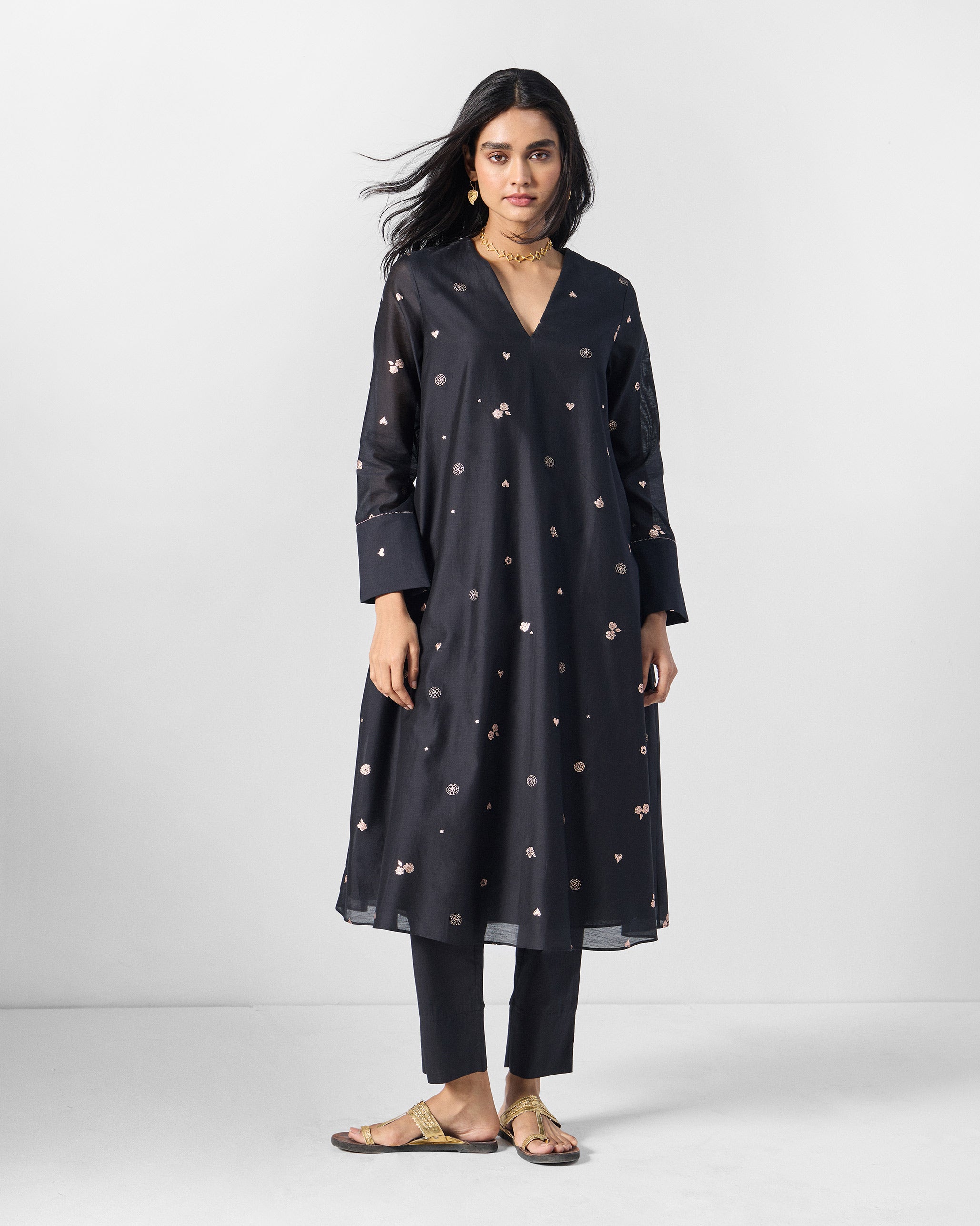 V-Neck Flared Kurta - Black & Pink Printed