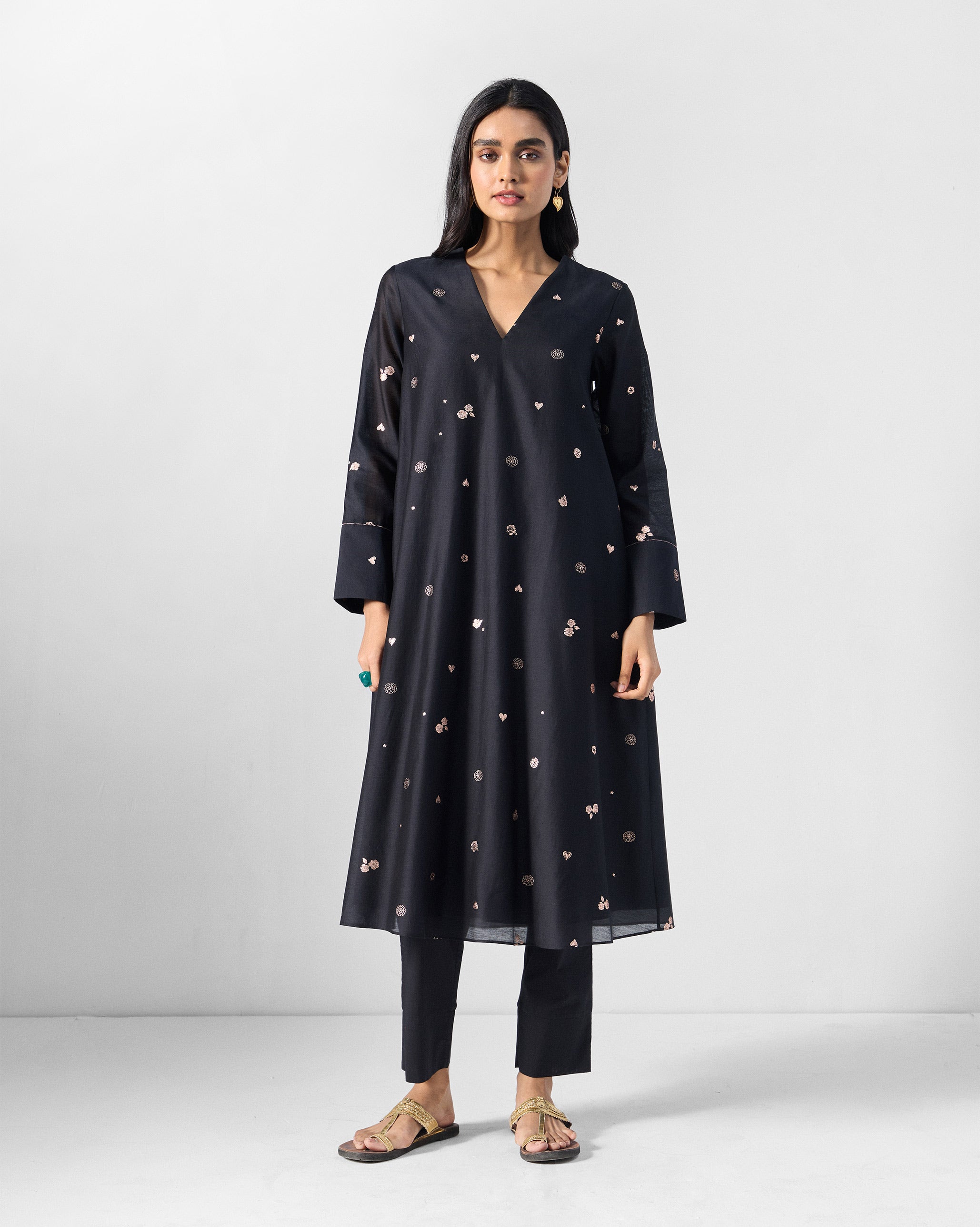 V-Neck Flared Kurta - Black & Pink Printed