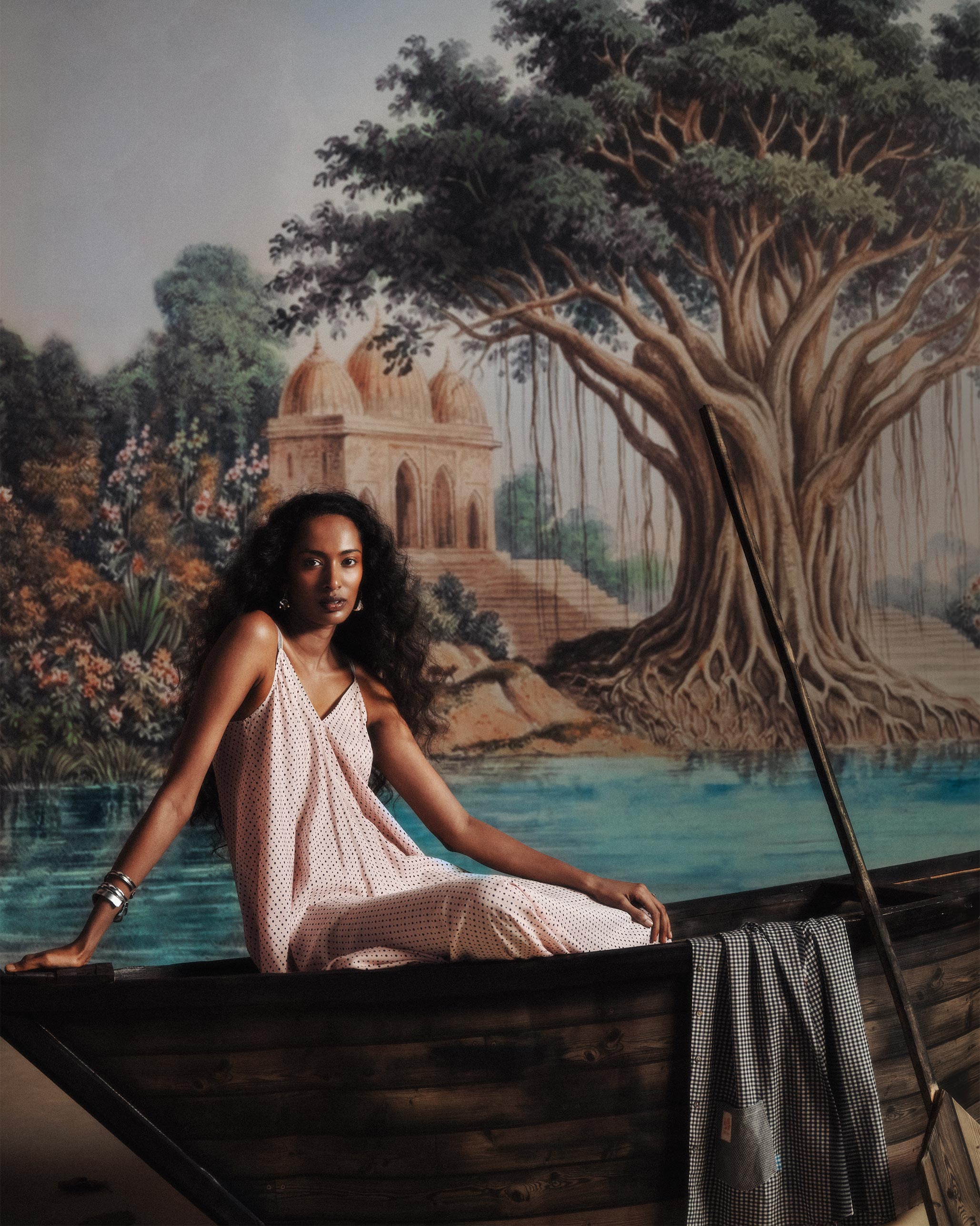 V-Neck Strappy Dress - Pink & Charcoal Printed