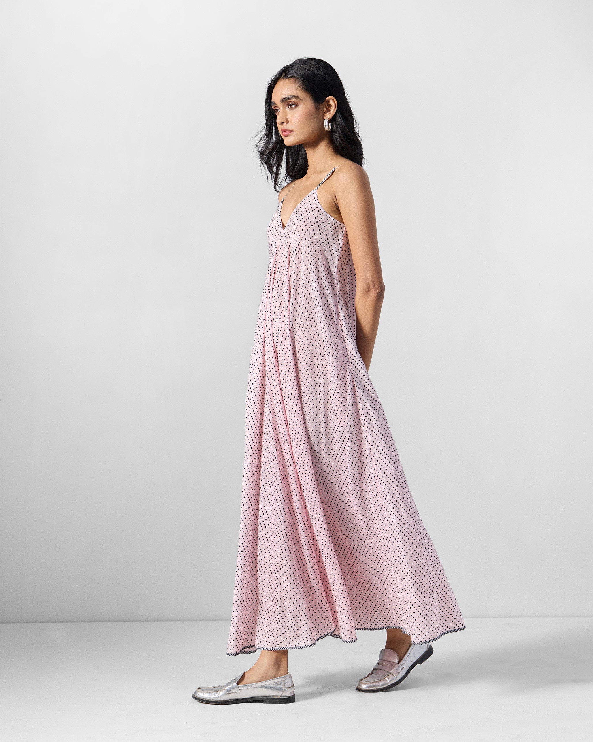 V-Neck Strappy Dress - Pink & Charcoal Printed