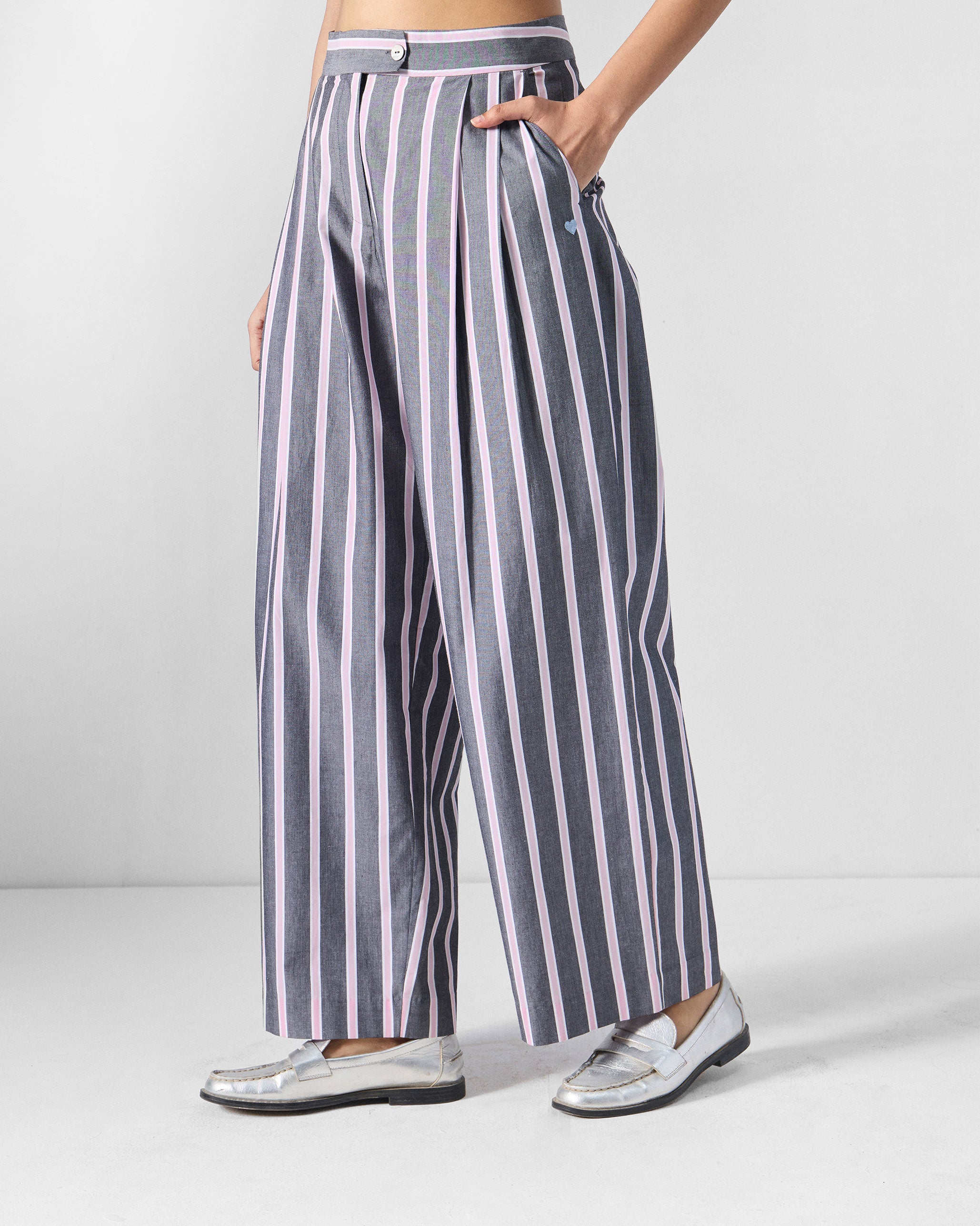 Row High Waist Pants - Charcoal & Pink Stripes