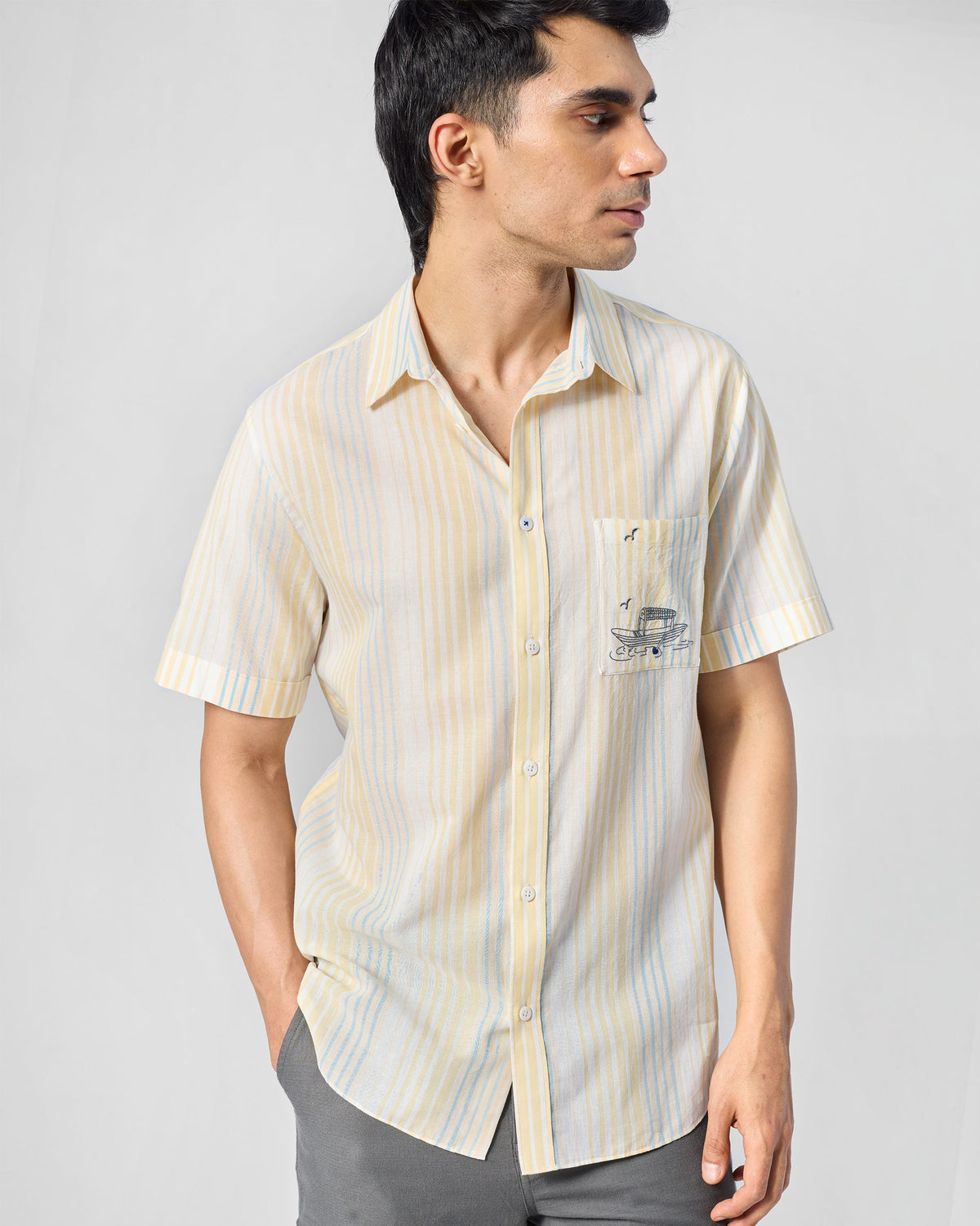 Flow Half Sleeve Shirt - Yellow & Blue Striped