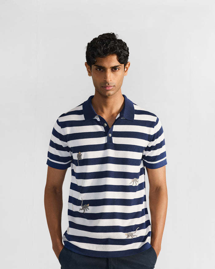 Macaque Polo T-Shirt - White & Navy Stripes