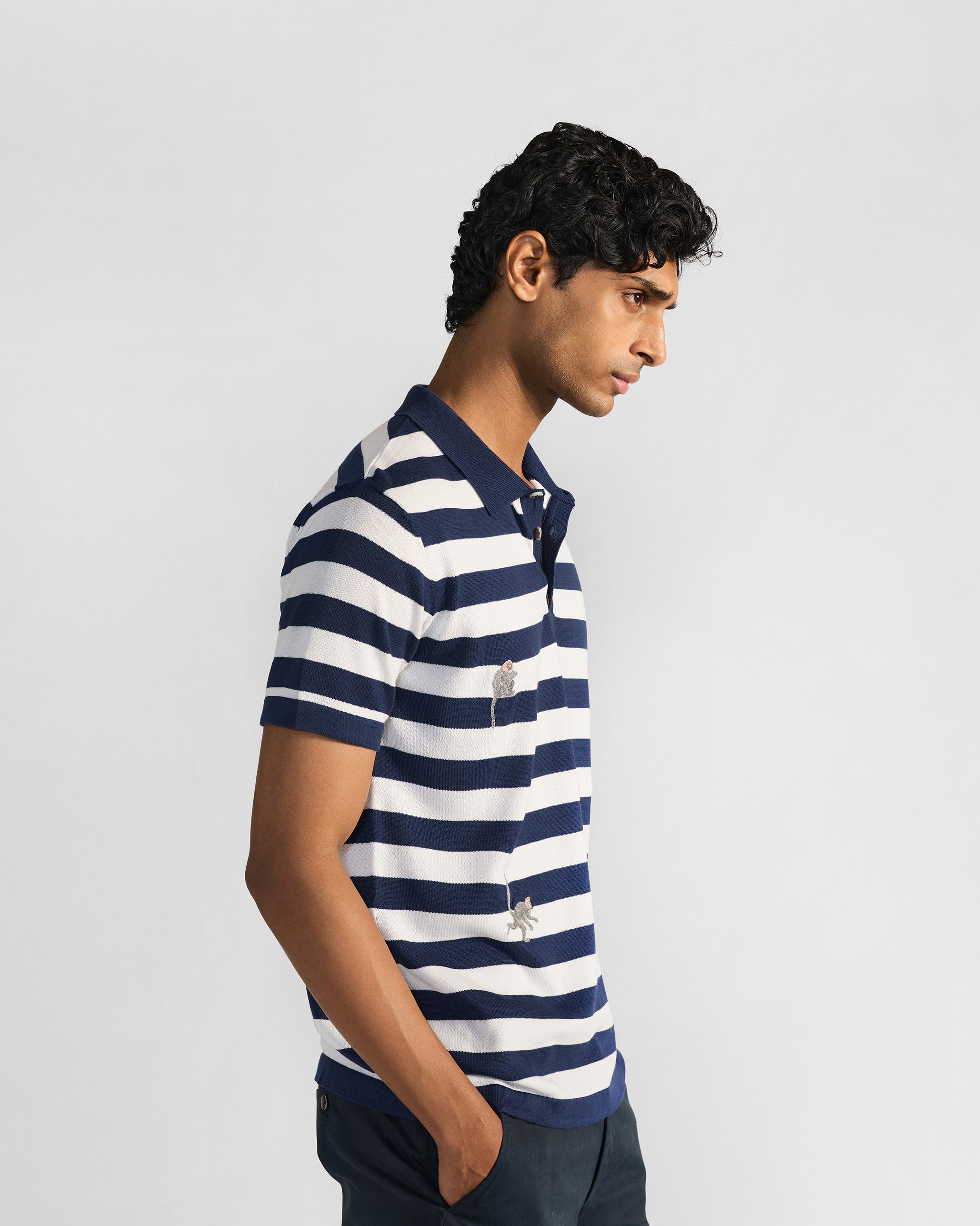 Macaque Polo T-Shirt - White & Navy Stripes