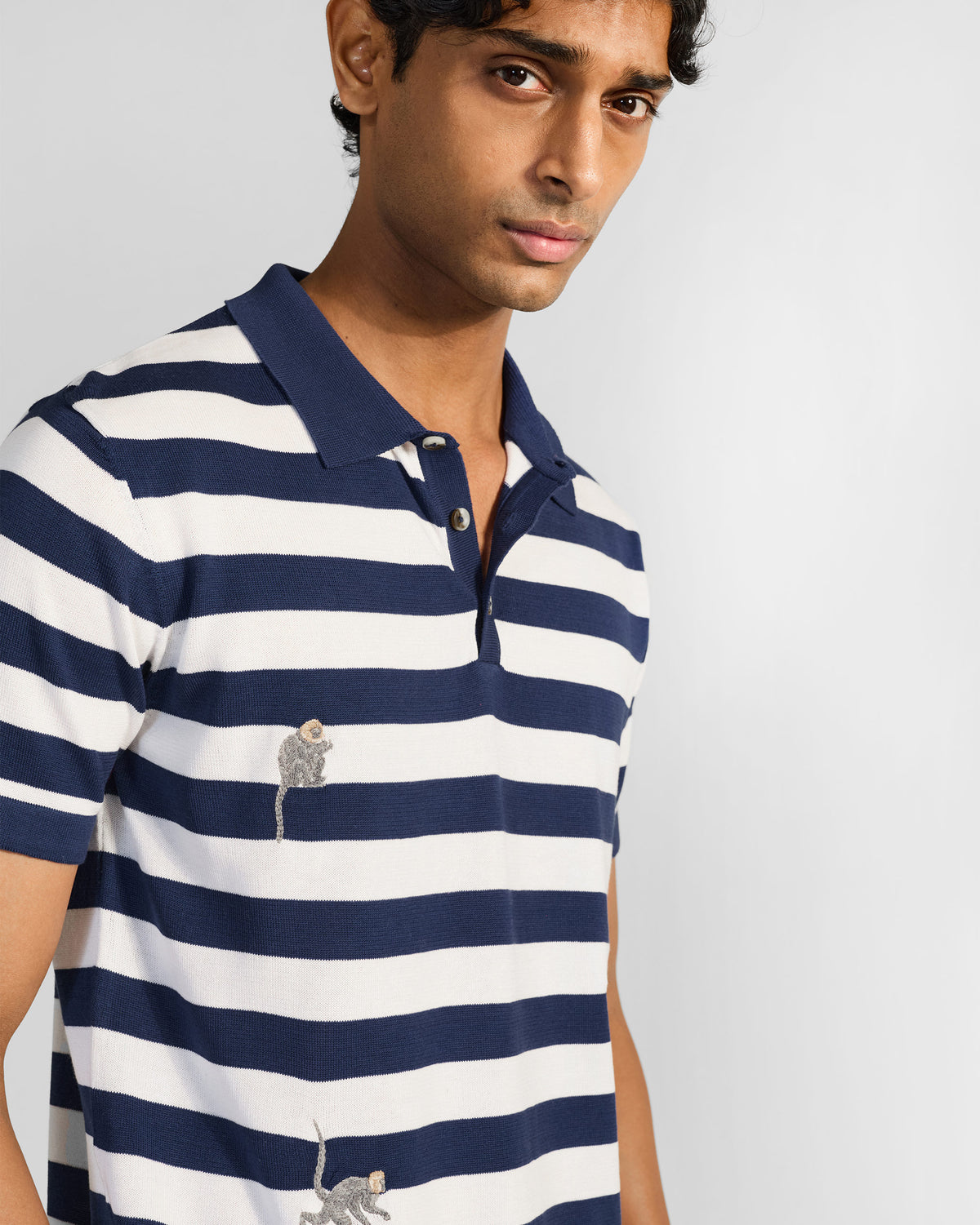Macaque Polo - Striped Embroidered Cotton Knit Regular Fit