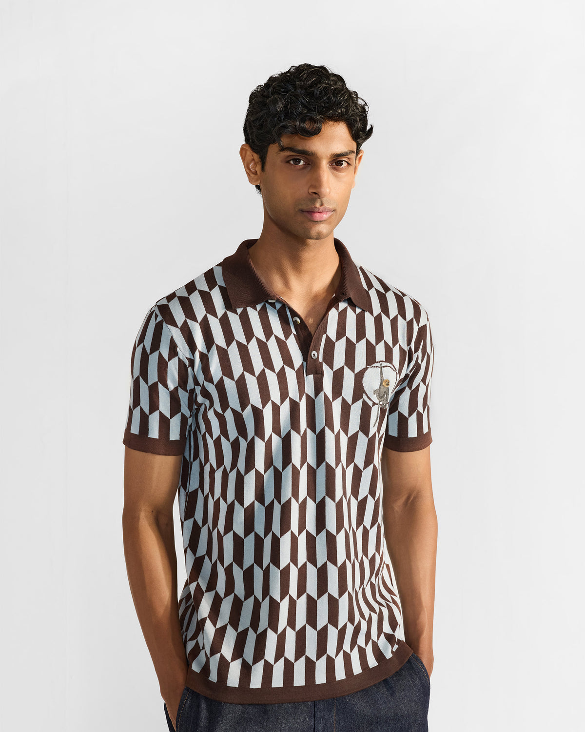 Langur Polo - Printed Embroidered Cotton Knit Regular Fit