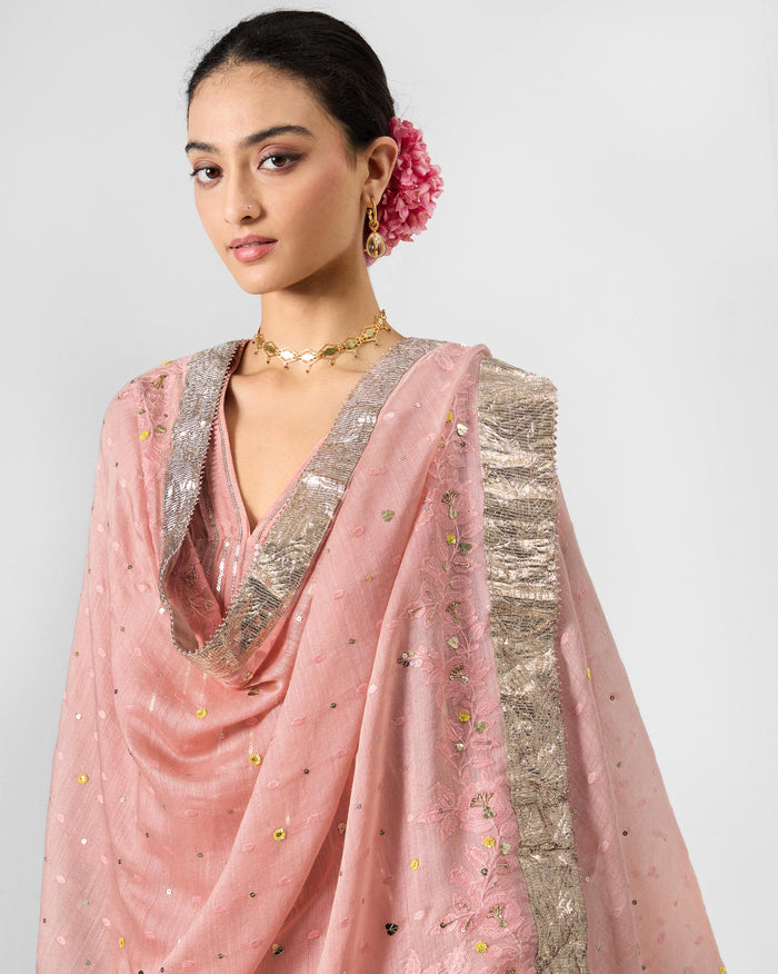 Lila Dupatta - Dust Pink Embroidered