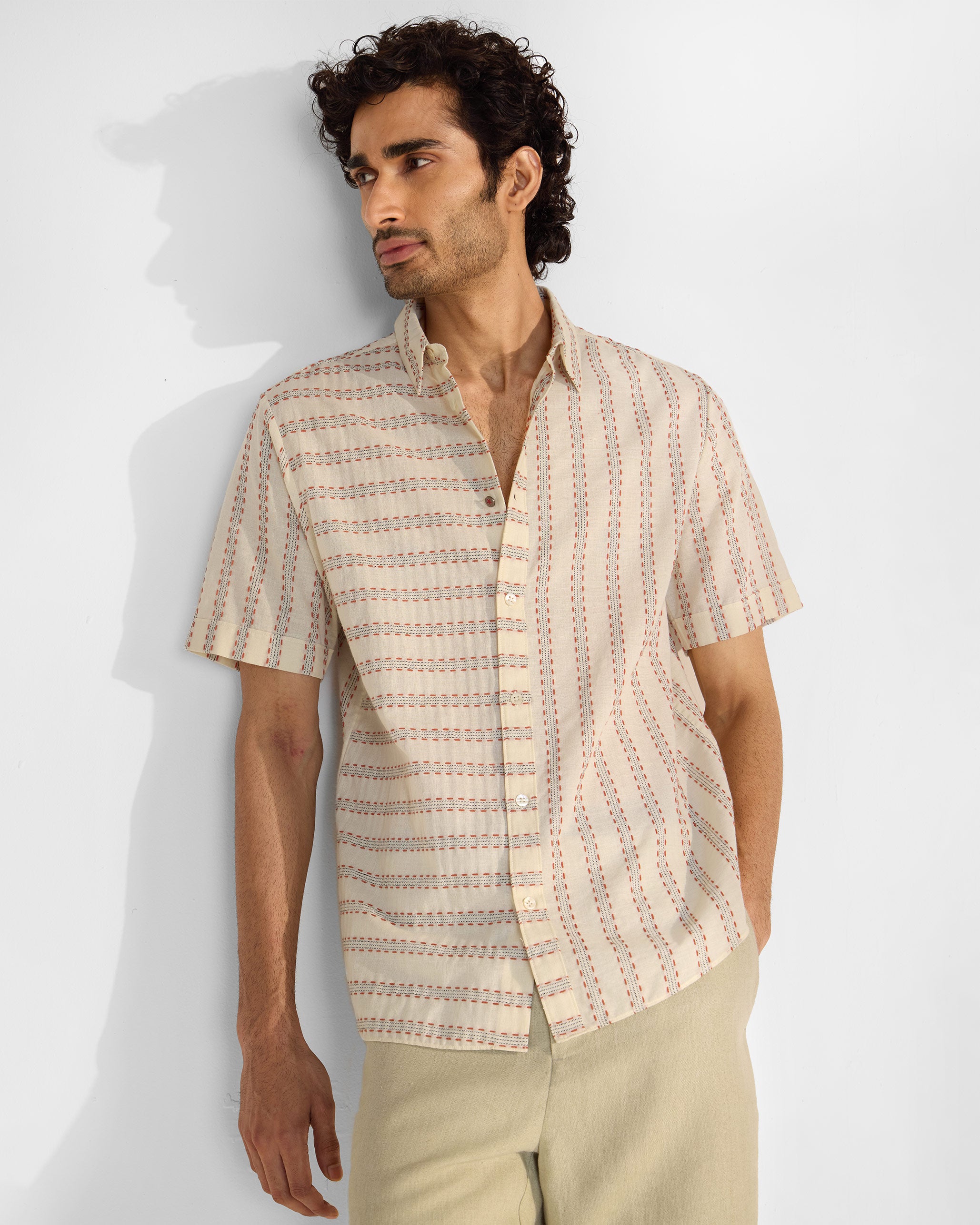 Half Sleeves Shirt - Ivory Stripes