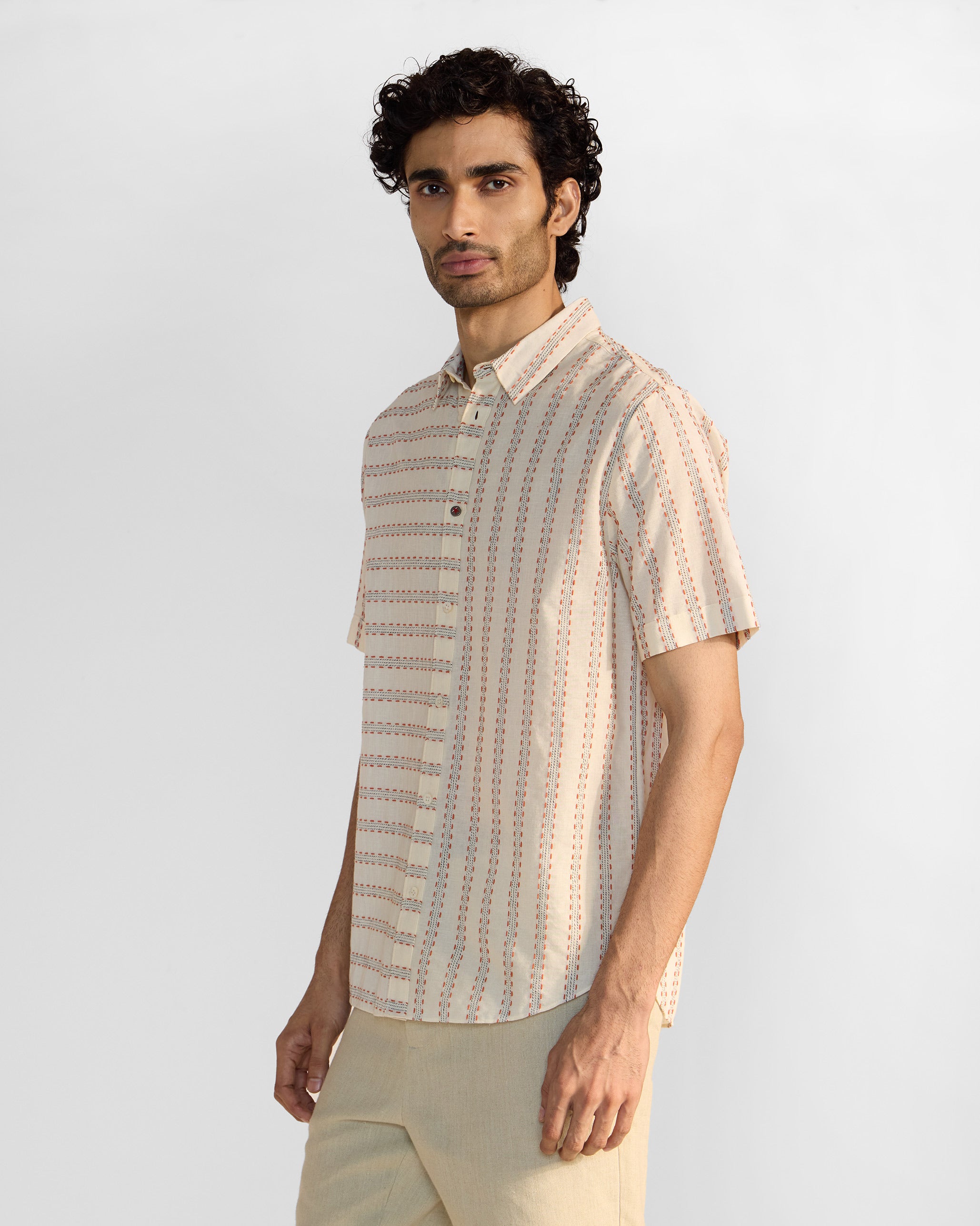Half Sleeves Shirt - Ivory Stripes