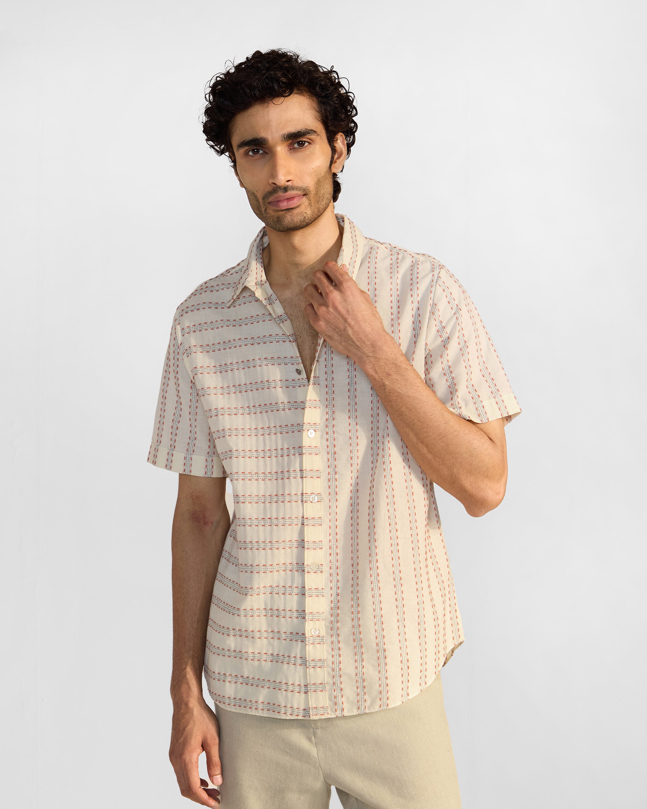 Half Sleeves Shirt - Ivory Stripes