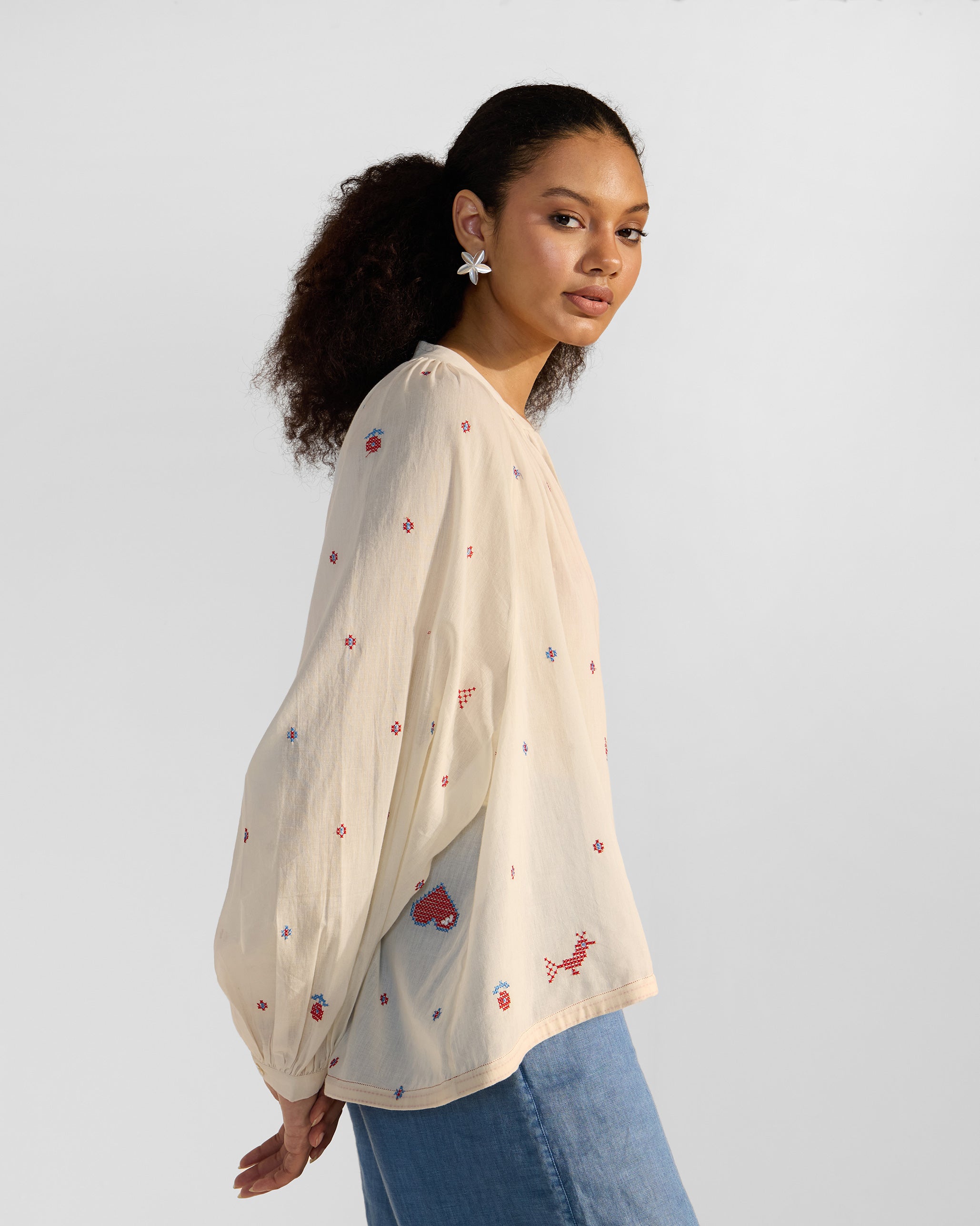 Tahi Top - Ivory & Red Embroidered