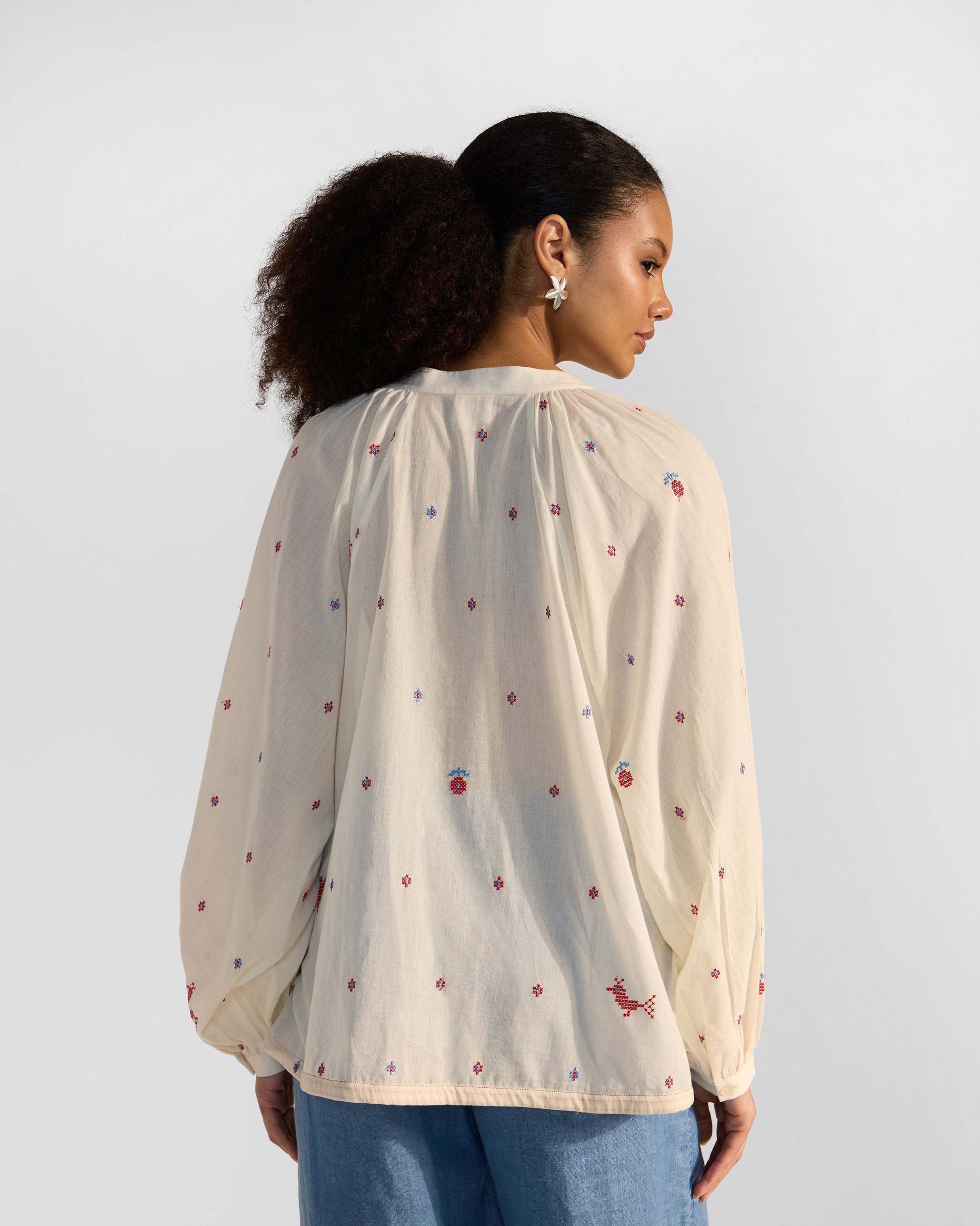 Tahi Top - Ivory & Red Embroidered