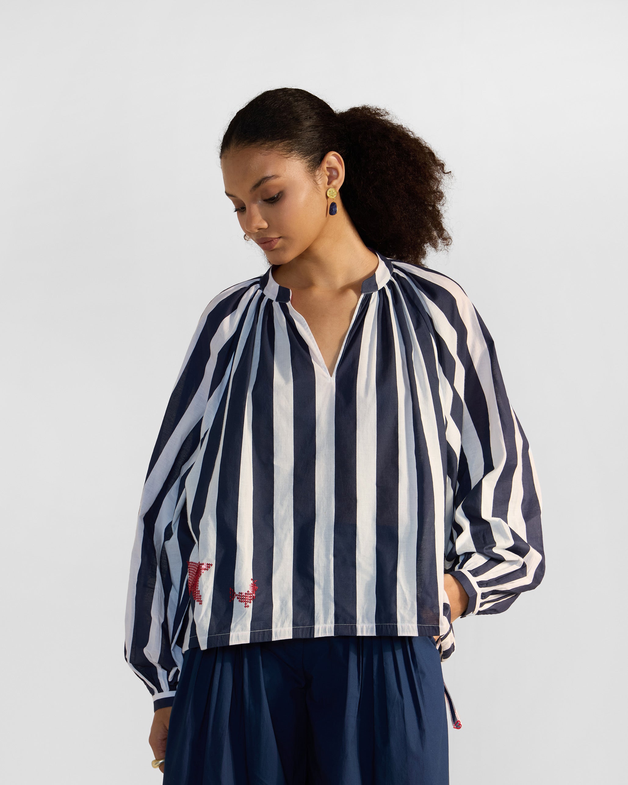 Zaya Top - Navy Blue & White Stripes