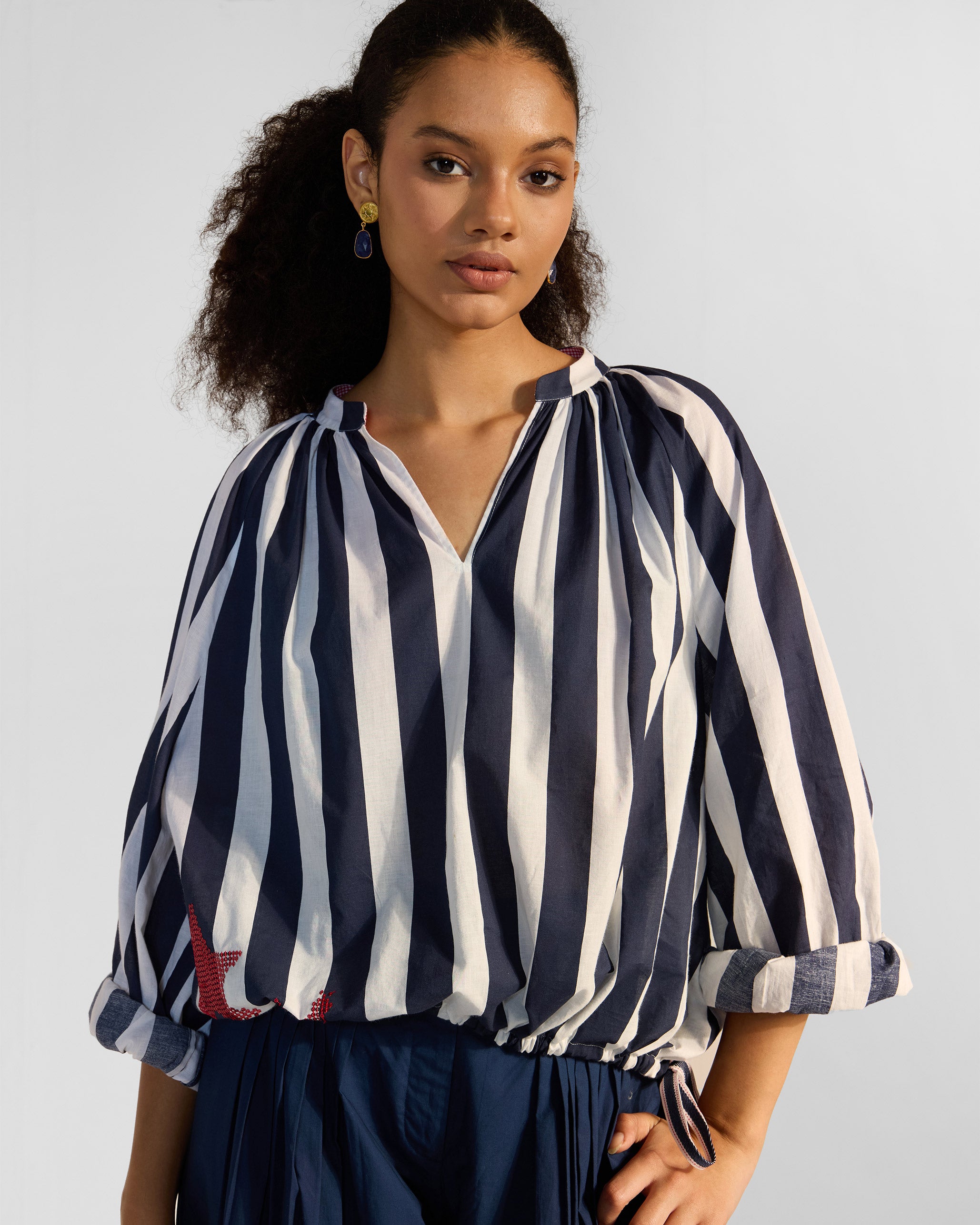 Zaya Top - Navy Blue & White Stripes