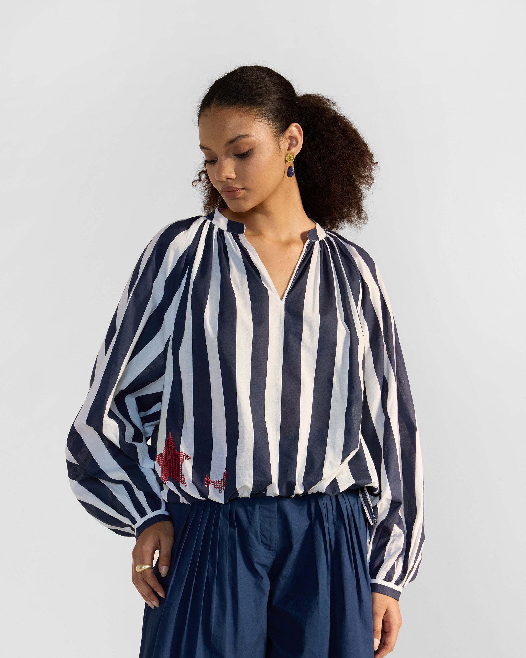 Zaya Top - Navy Blue & White Stripes