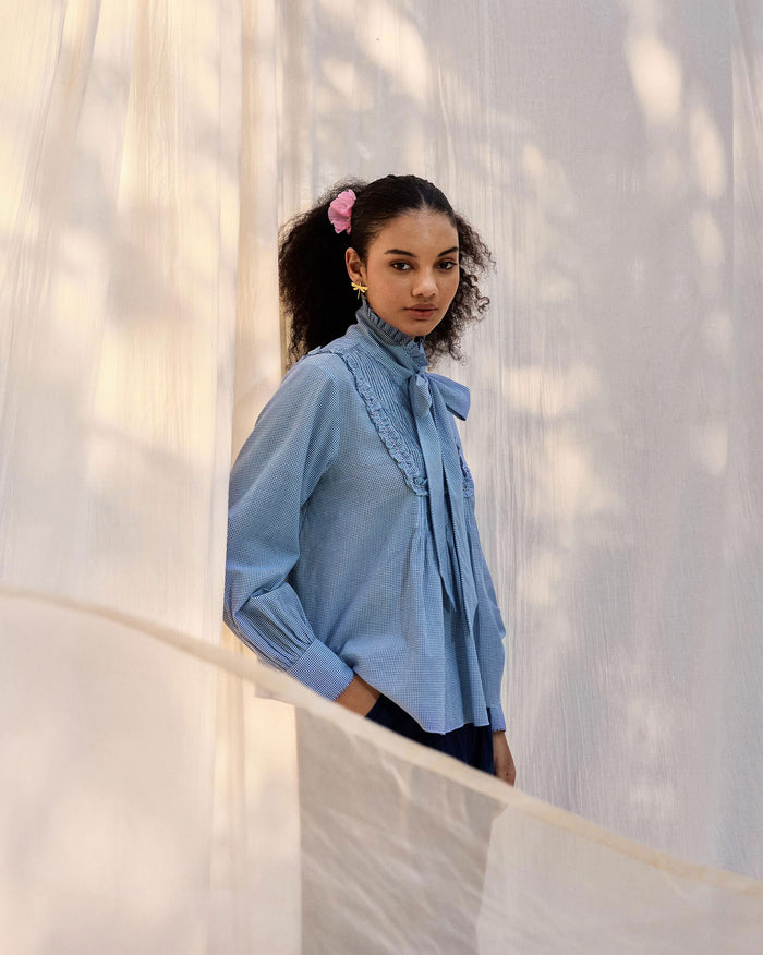 Lona Necktie Top - Blue & White Checks