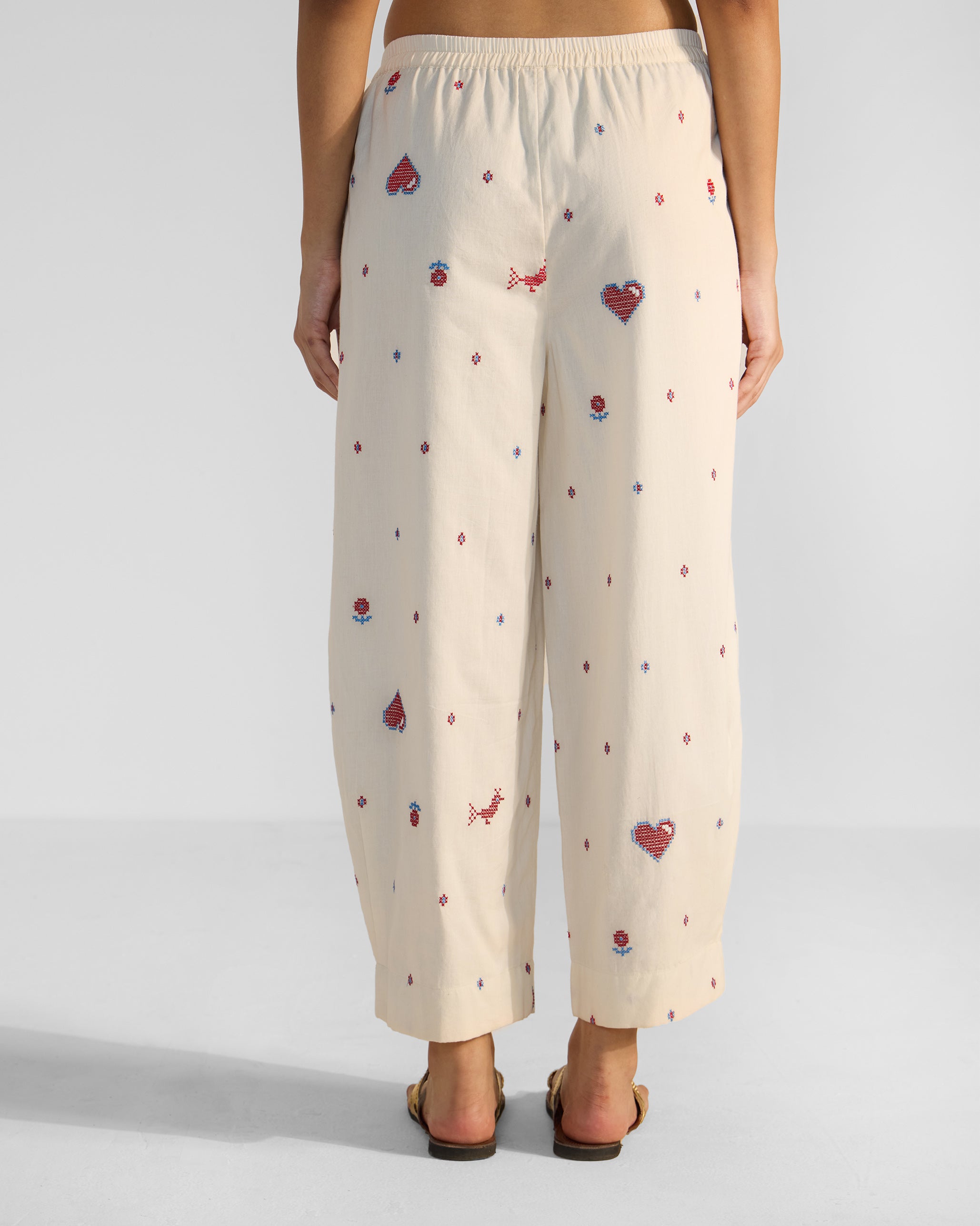 Serene Pants - Ivory & Red Embroidered