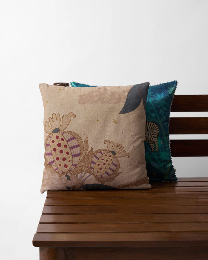 Pomme Cushion Cover in beige with striped fruit motifs in red and purple.