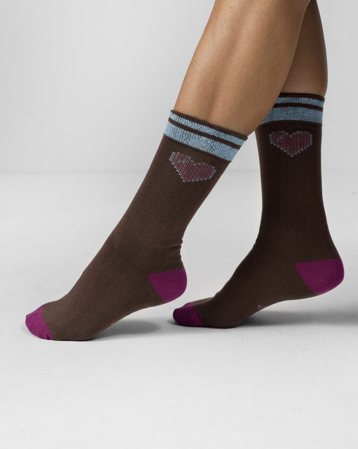Pixel Heart Socks - Fuschia & Brown