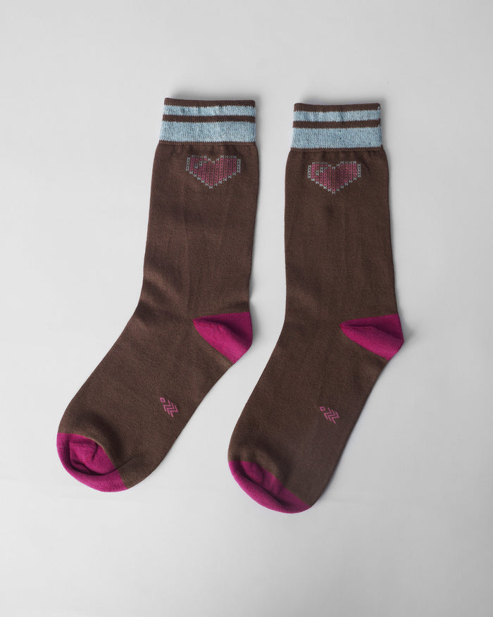 Pixel Heart Socks - Fuschia & Brown