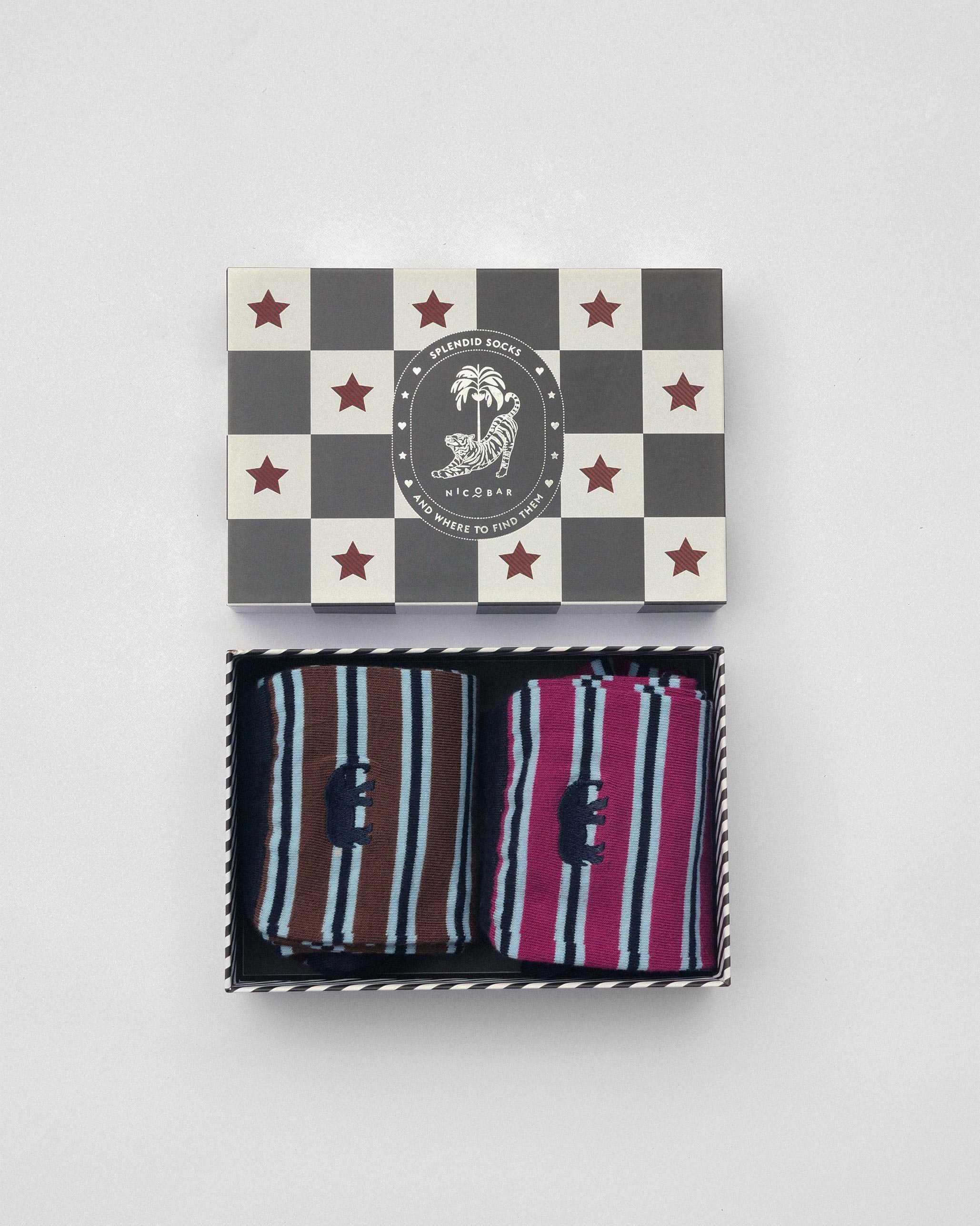 Stripey Socks (Set Of 2) - Mulberry & Brown