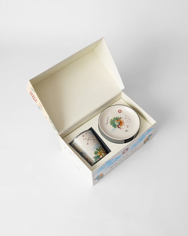 The open box with the mug and plate inside