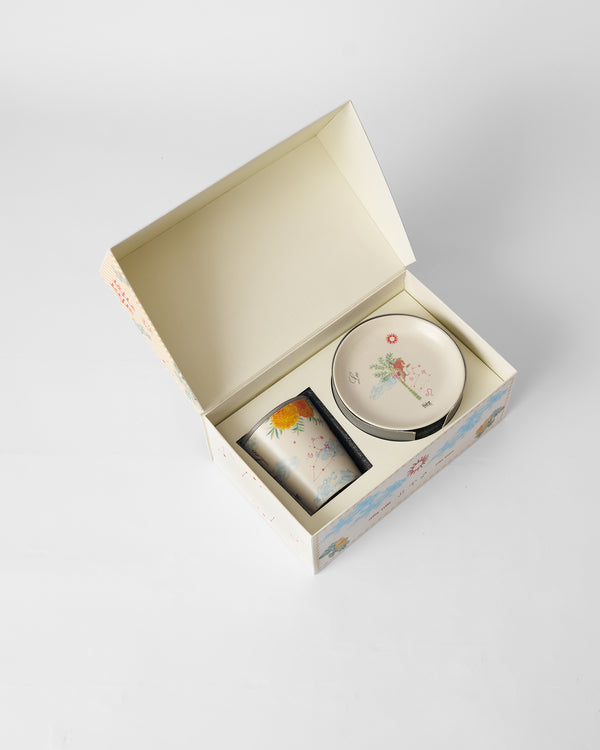 The open box with the mug and plate inside