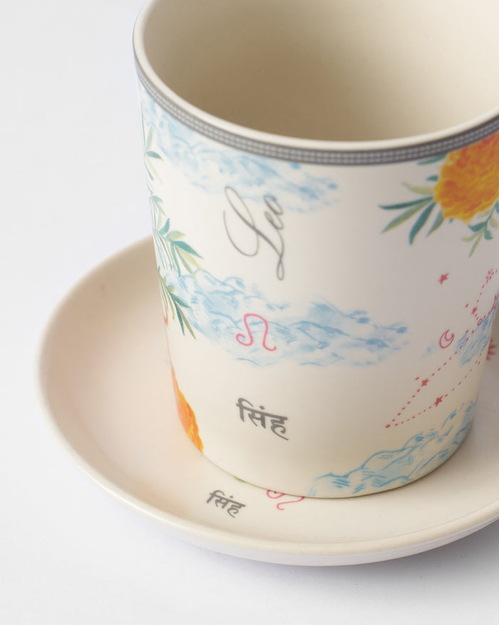 Close view of the mug with Leo and सिंह lettering