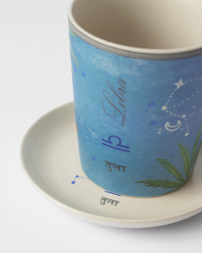 Close view of the mug with Libra and तुला lettering