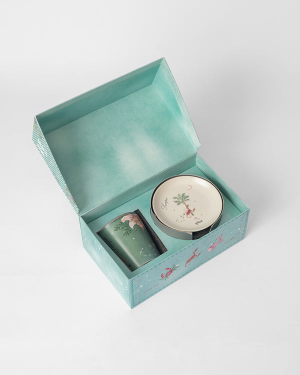 The open box with the mug and plate inside