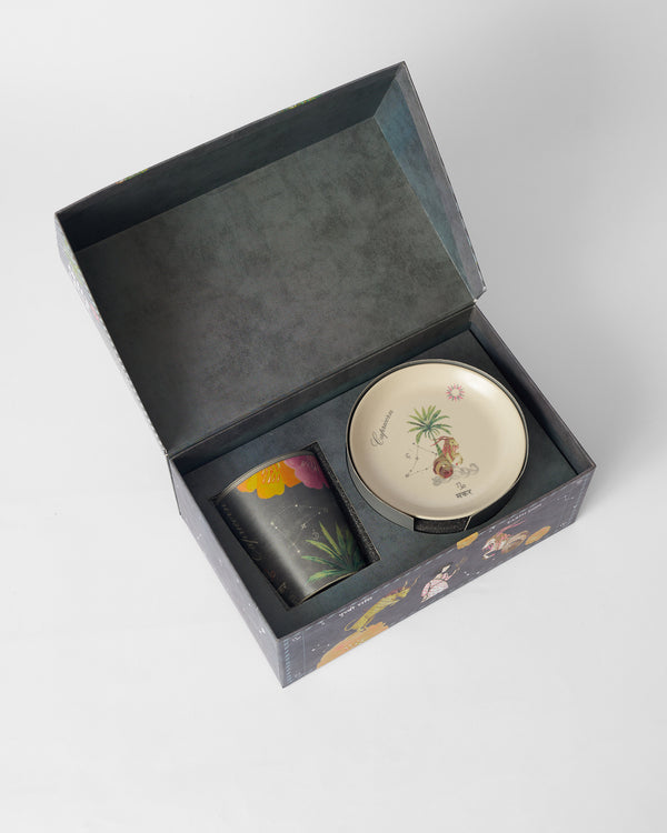 The open box with the mug and plate inside