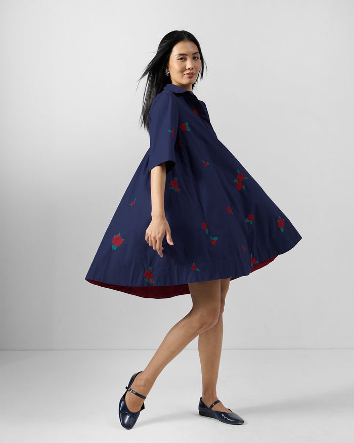 Happy Heart Dress - Ink Blue & Red Embroidered