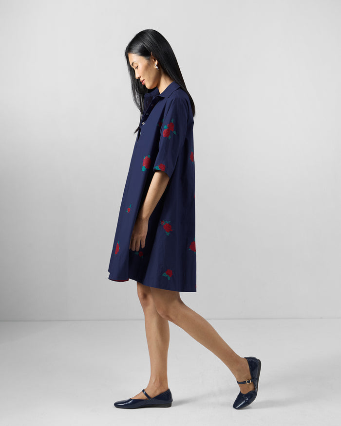 Happy Heart Dress - Ink Blue & Red Embroidered