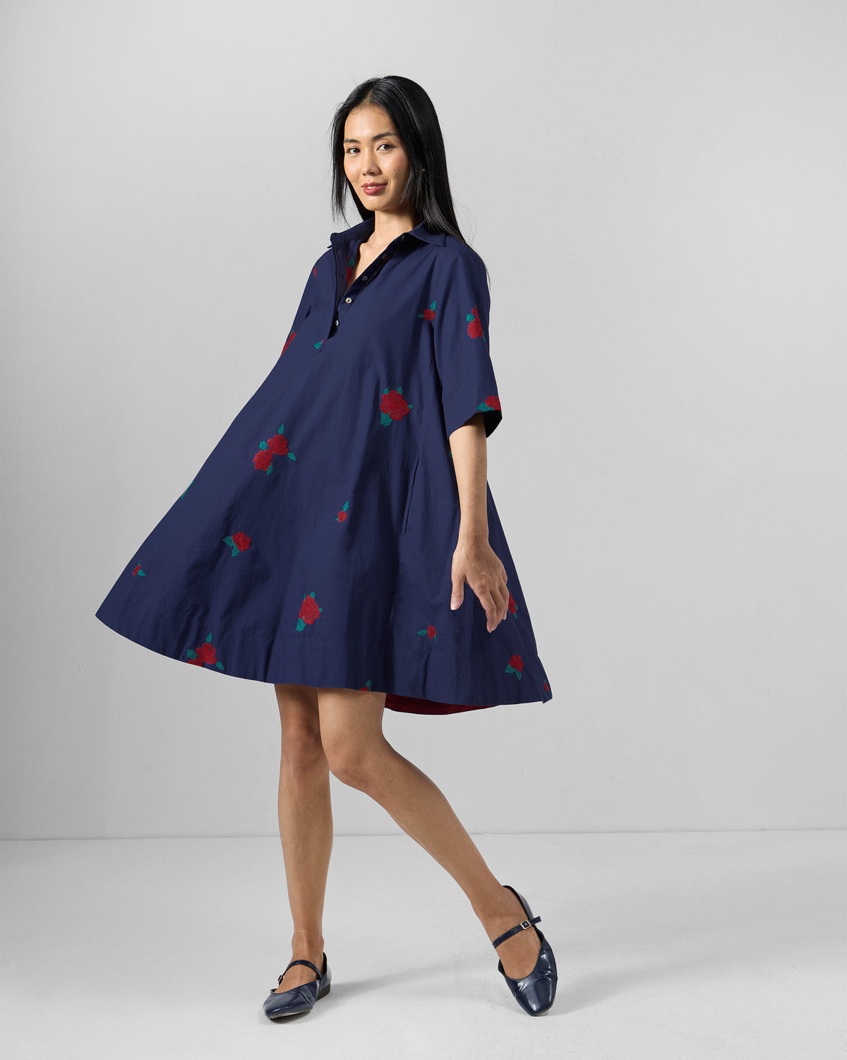 Happy Heart Dress - Ink Blue & Red Embroidered