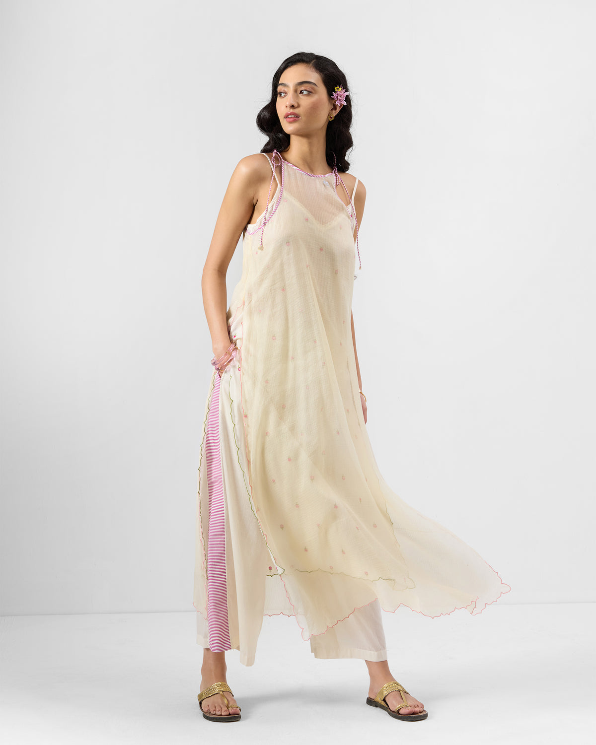 Hera Halter Kurta - Embroidered Cotton Kora A-Line