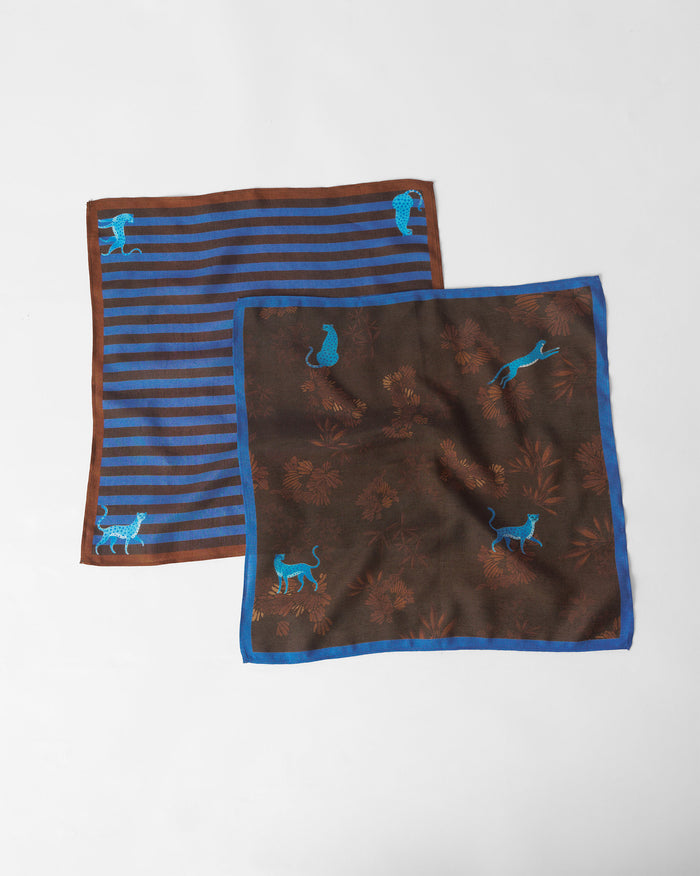 Stripey Tiger Pocket Square- Set Of 2 - Brown And Blue