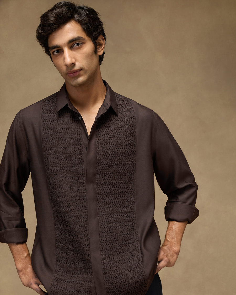 The Afterhours Shirt up close, with rows of scalloped pintucks on brown viscose silk.