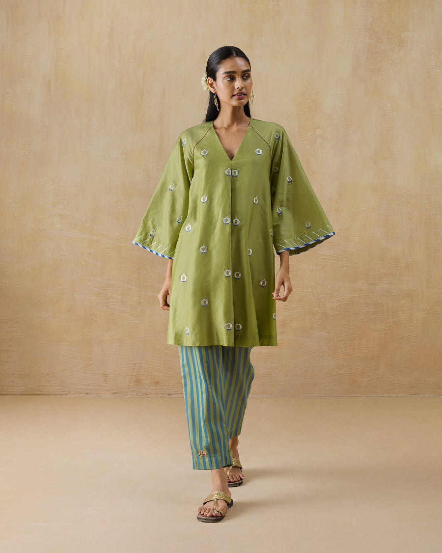 The Arzoie Pants worn under the leaf green Revelry Kurta.