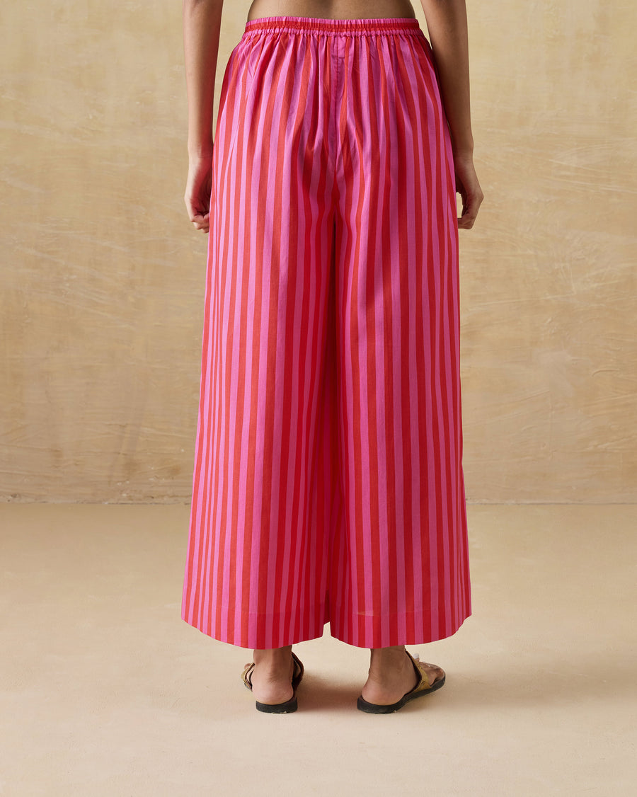 Back view of the Basic Pyjamas, showing the red and berry Kandy stripes.