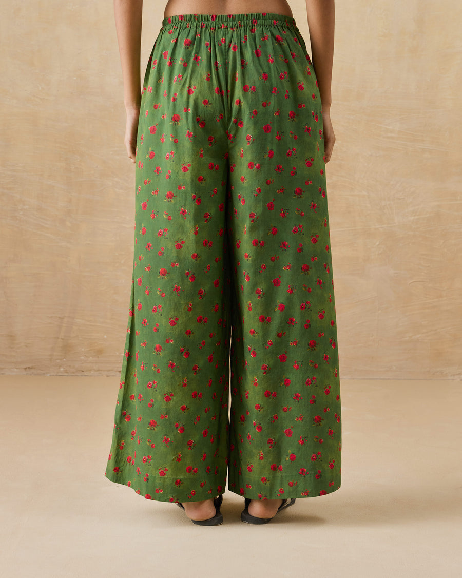 Back view of the Basic Pyjamas, showing the ditsy chintz print on olive voile.