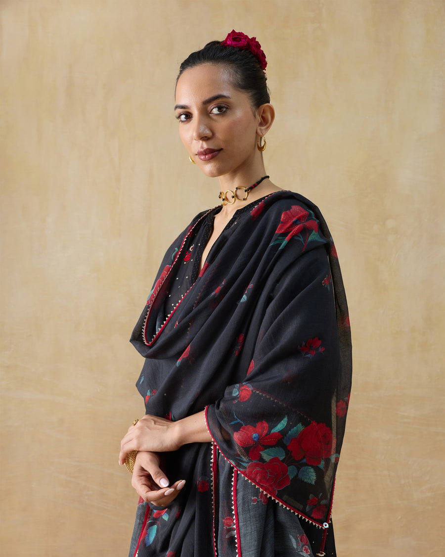 The Fizz Dupatta draped across the body, showing the multicolour chintz rose print.