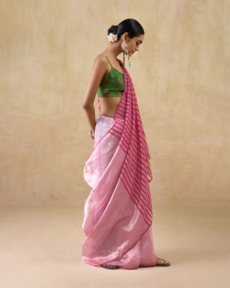 Side view of the Blush Sari, the striped pallu over the shoulder.