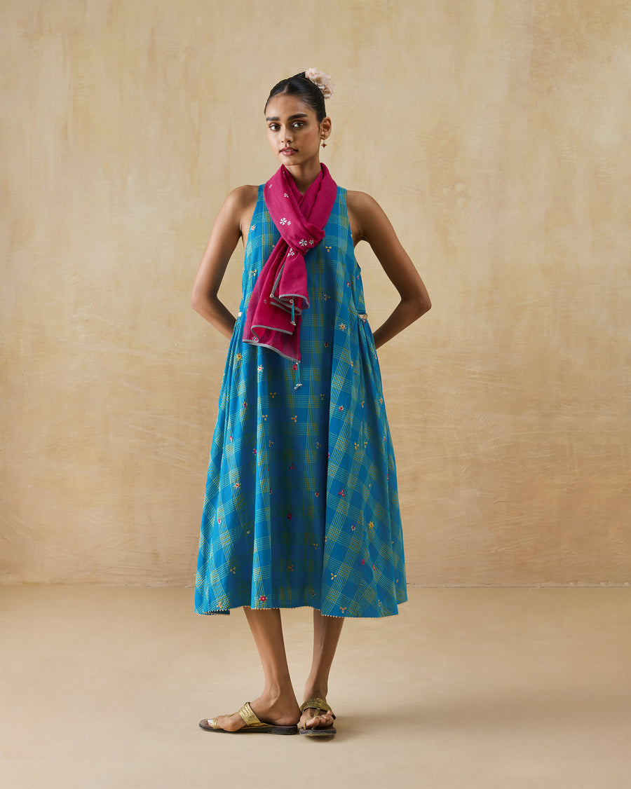 The Nimbus Dress worn on its own with the Jashn Scarf knotted at the neck.
