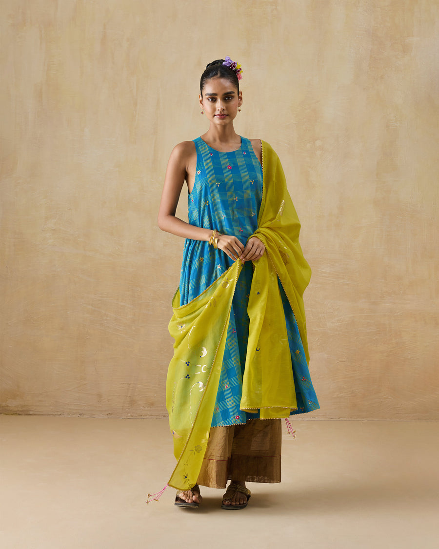 The Nimbus Dress worn over gold Charisma Pants with the chartreuse Gale Dupatta.