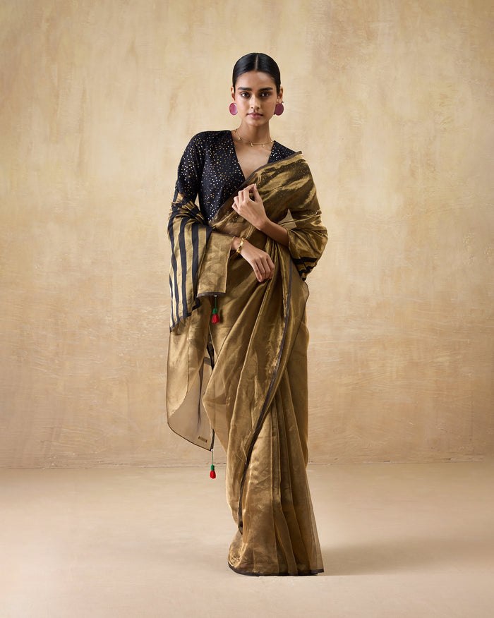 Person wearing a gold Dancefloor Sari with a black striped pallu.