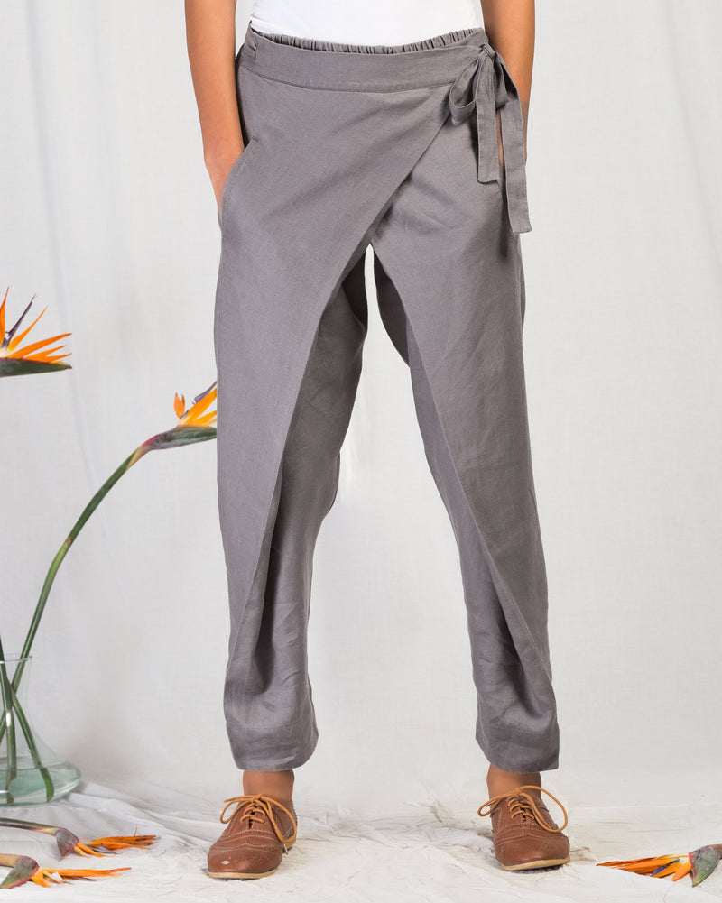 Overlap Tie Pants - Grey
