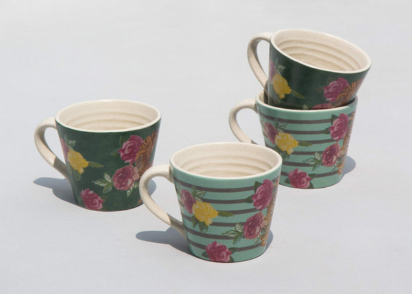 Four mugs in green and mint with rose prints